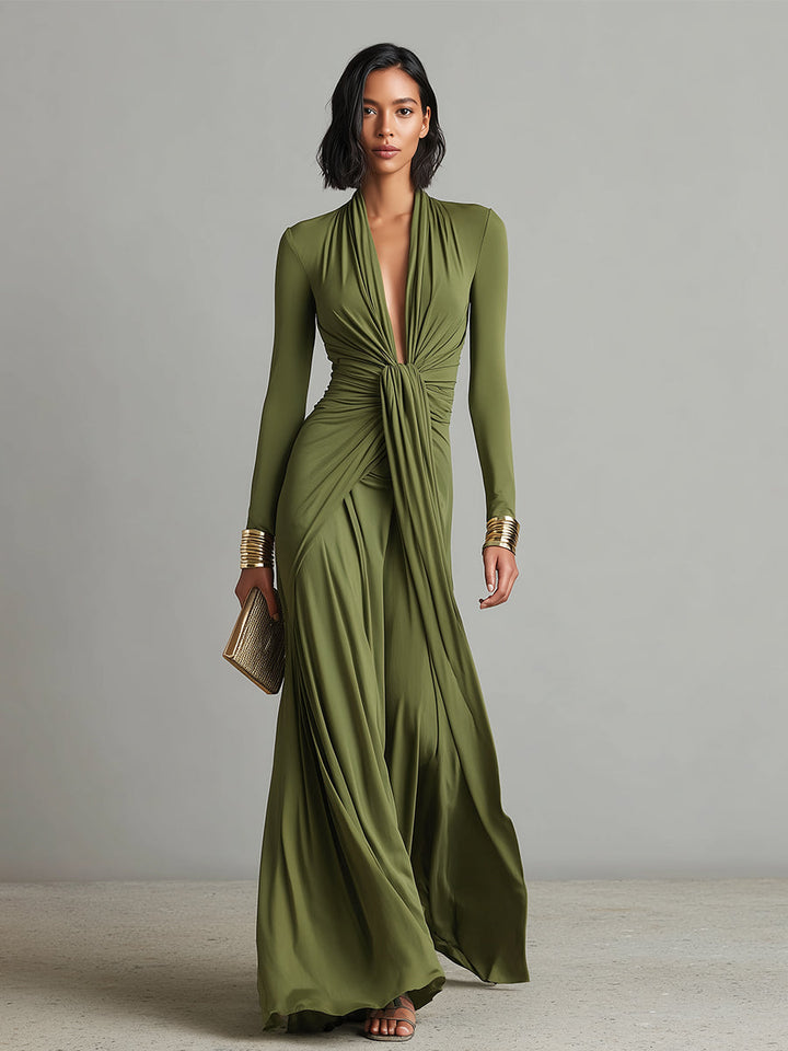 Robe Maxi en Soie Olive à Décolleté en V