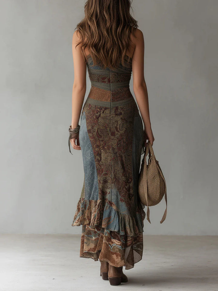 Elena ∙ Robe longue asymétrique à une épaule avec imprimé ethnique et fente haute