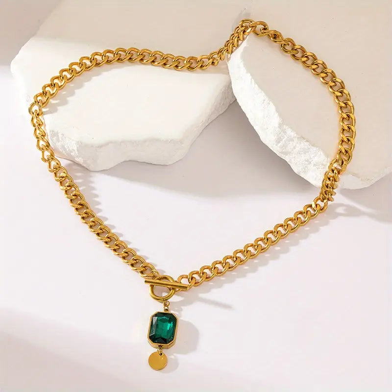 Collier Pendentif Émeraude Chaîne Épaisse
