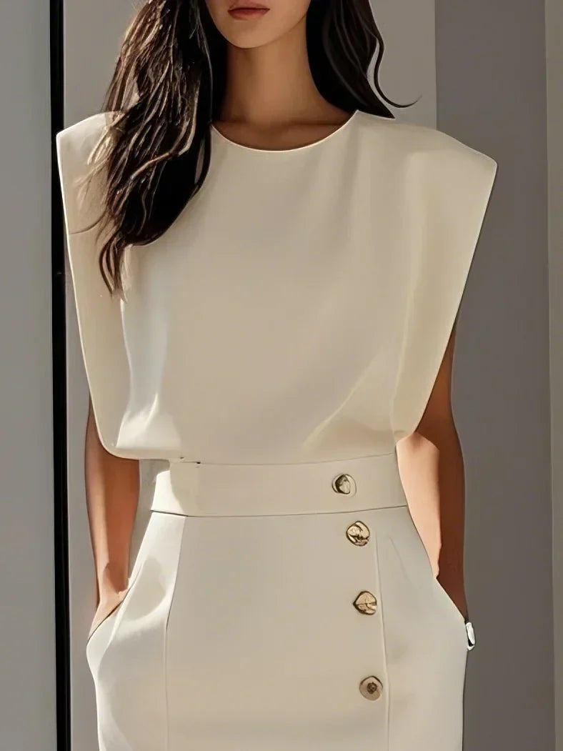 Malene™ | Robe midi unie avec fente à boutons et décolleté arrondi