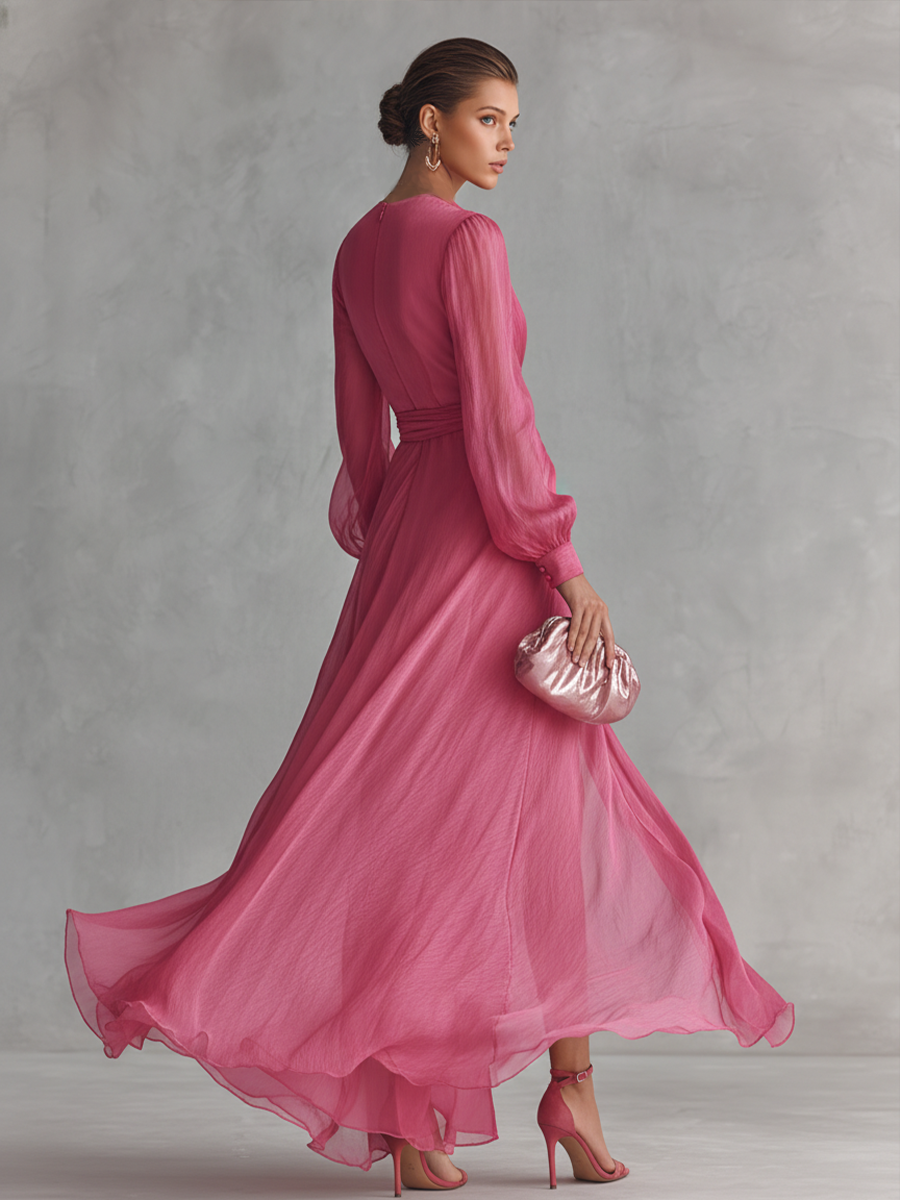 Robe Longue Élégante en Chiffon Rose à Perles pour Femmes, Décolleté en V, Taille Ceinturée MDZ1925A7BA