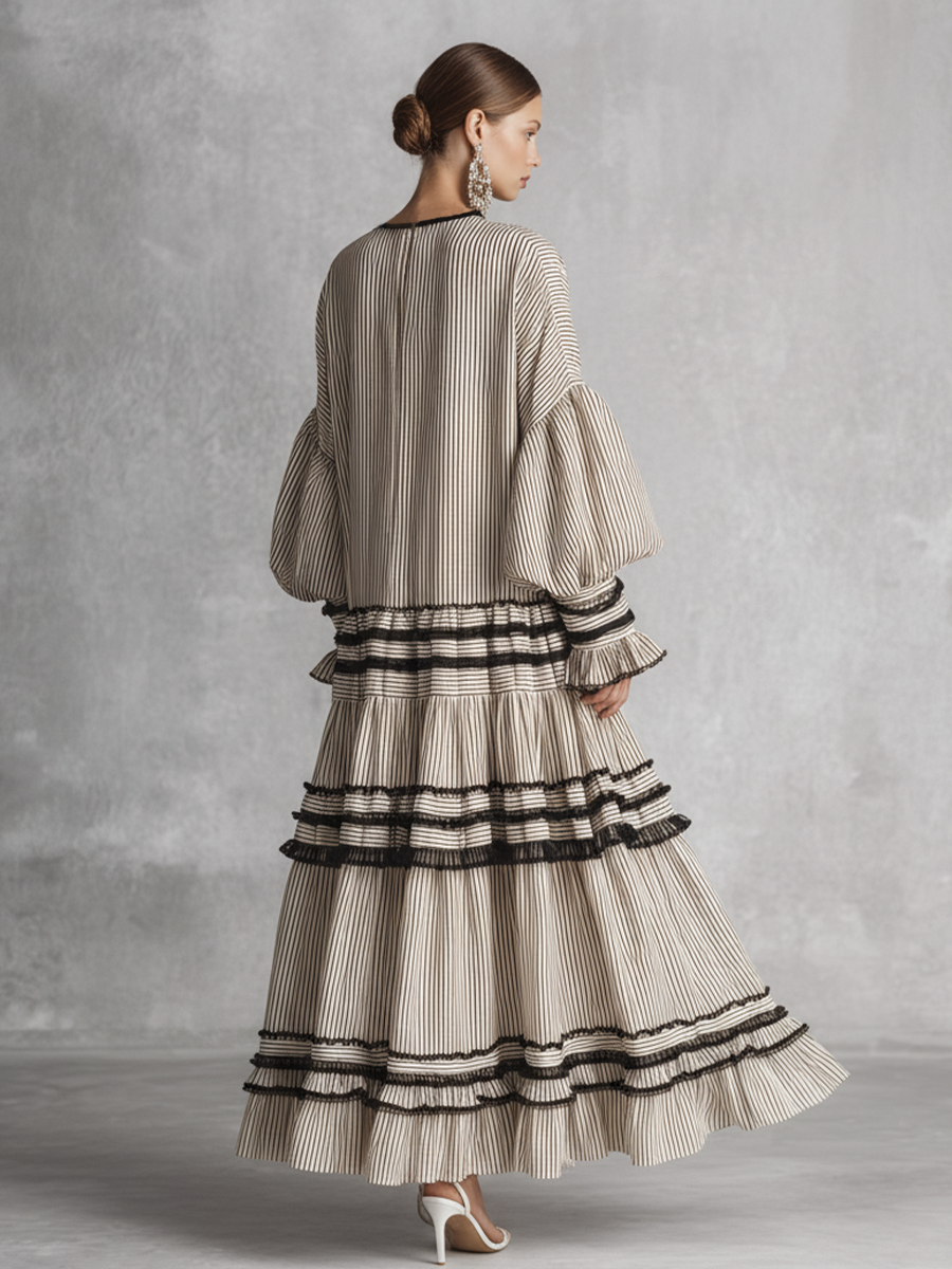 Robe Maxi à Manches Longues en Mélange de Coton à Volants Rayée Boho pour Femmes MDZ1426B2BA