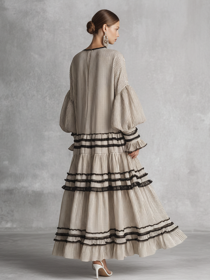 Robe Maxi à Manches Longues en Mélange de Coton à Volants Rayée Boho pour Femmes MDZ1426B2BA