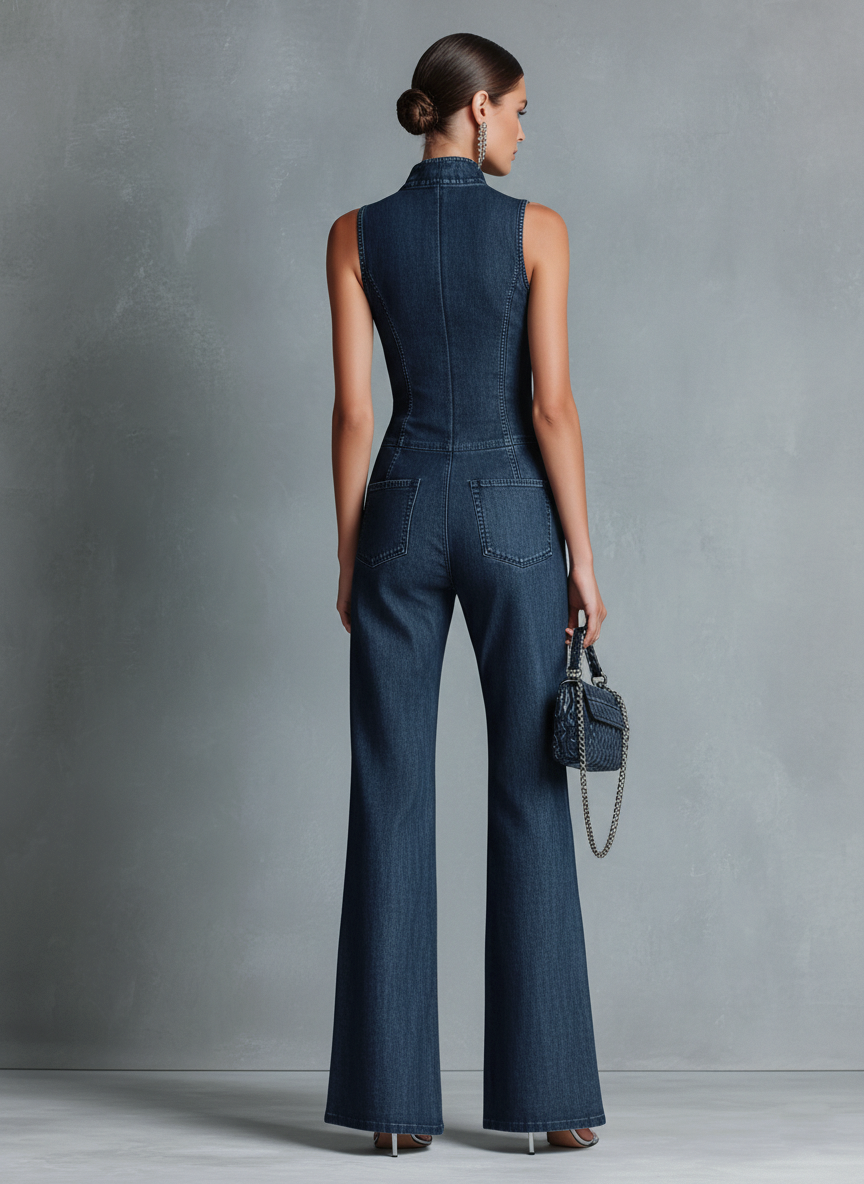 Dames Style Rétro Jean Denim Bleu Foncé Sans Manches Col Montant Pantalon Évasé Combinaison Avec Fermeture Éclair MDZ1239B2BA