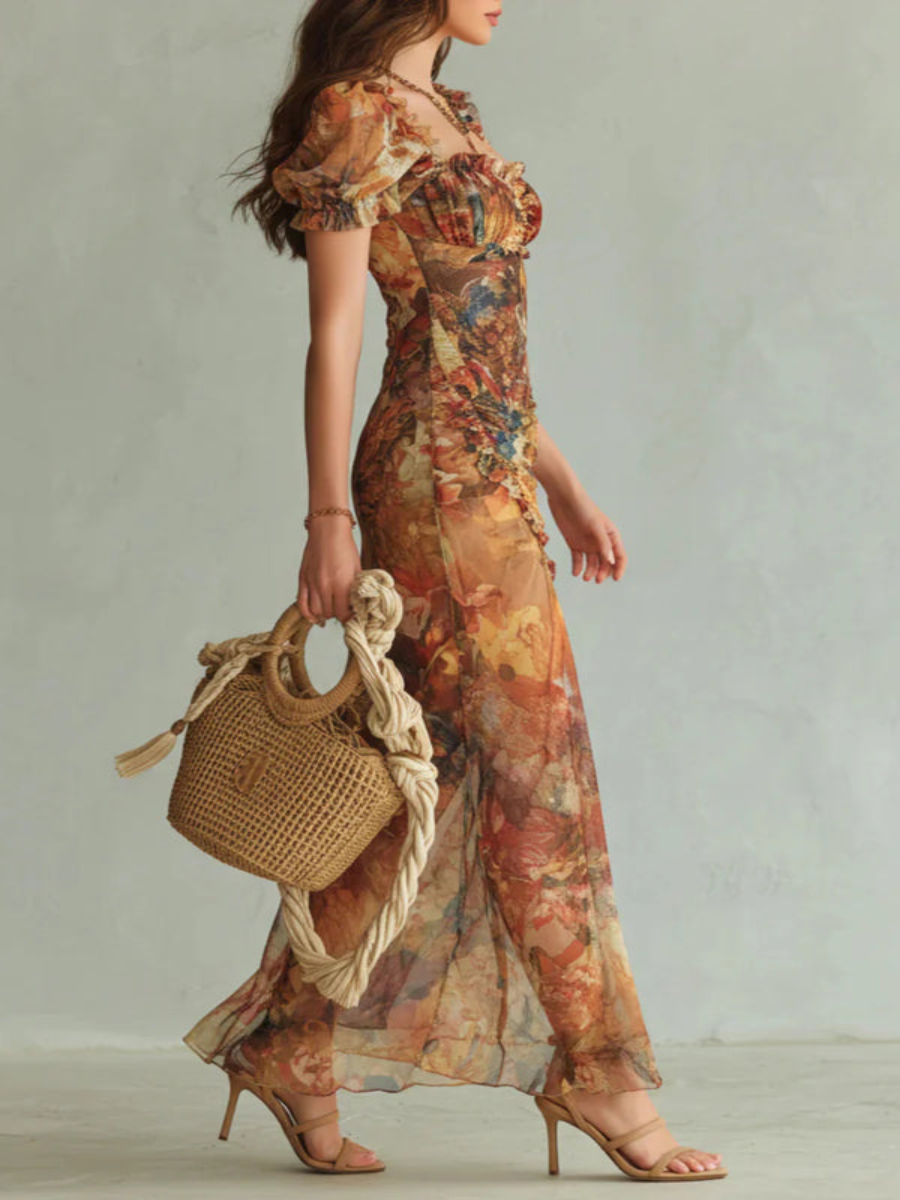 Robe Maxi Élégante avec Décolleté Carré, Manches Courtes et Rayures Florales
