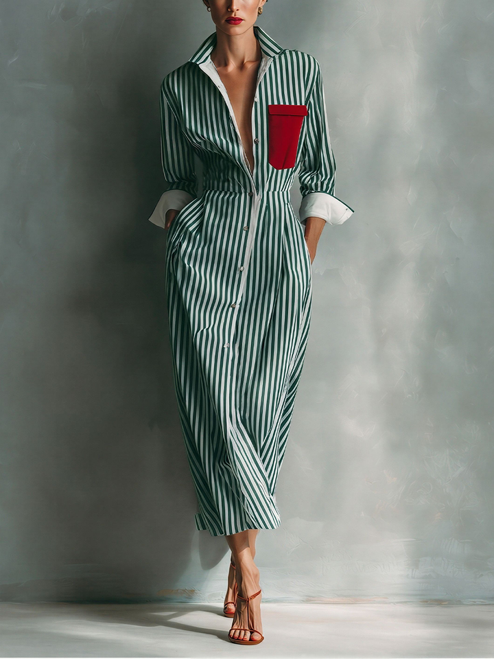 Robe Chemise Rayée En Mélange De Coton Bleu Et Blanc Pour Femmes Avec Poche Rouge MDZ1286C2T