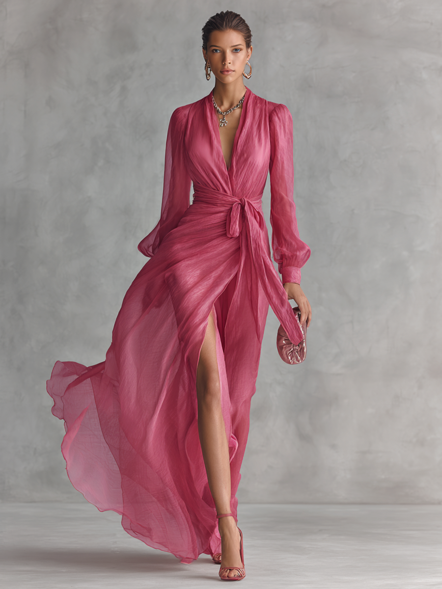 Robe en Chiffon Rose avec Décolleté en V