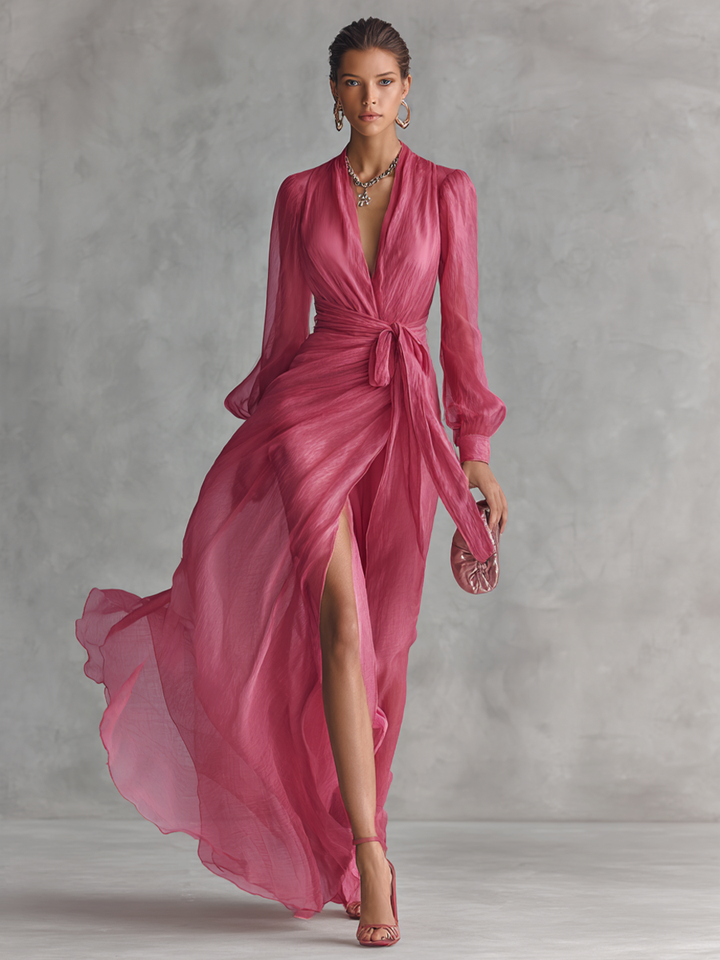 Robe en Chiffon Rose avec Décolleté en V
