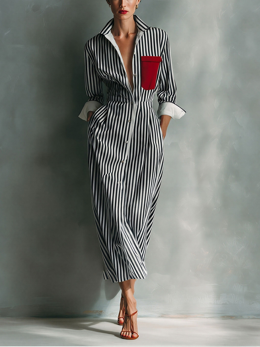 Robe Chemise Rayée En Mélange De Coton Bleu Et Blanc Pour Femmes Avec Poche Rouge MDZ1286C2T