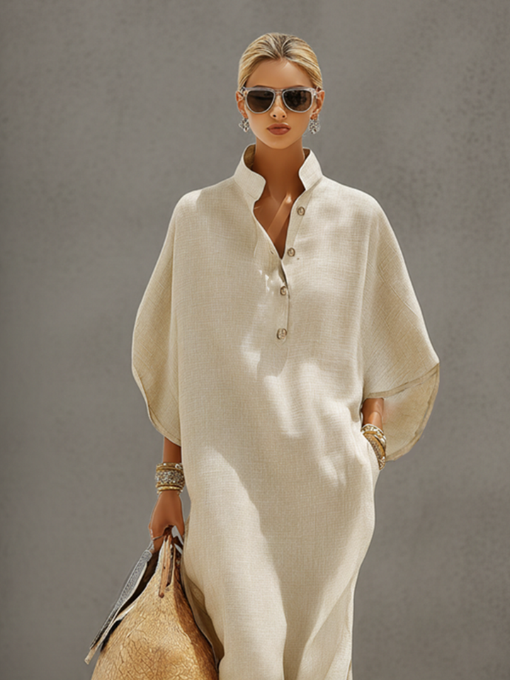 Robe en Lin Avoine pour Femmes avec Col Mandarin & Manches Dolman, Robe de Style Resort-Casual Intemporelle MDZ0552B1I