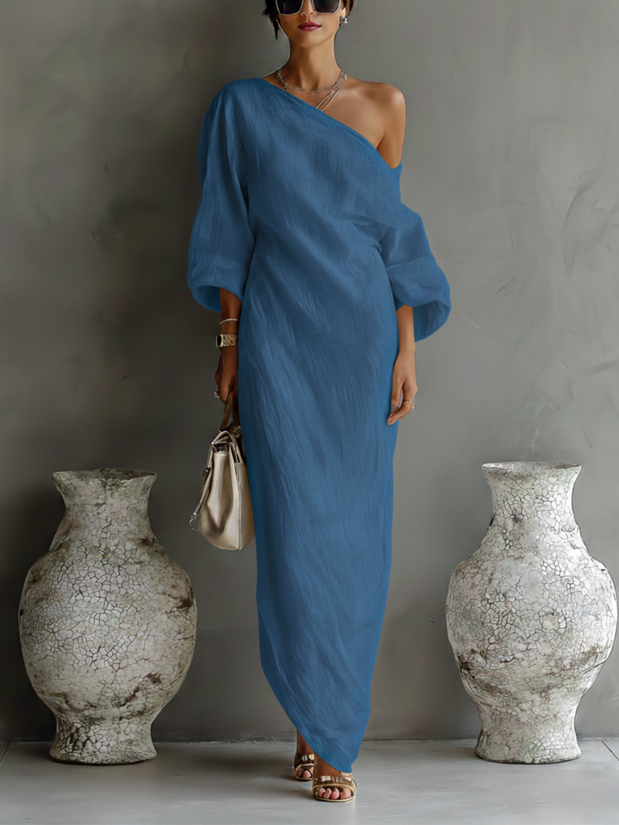 Robe Élégante Fluide à Épaule Dénudée en Mélange Coton-Lin Ivoire Blanc MDA3032K4T