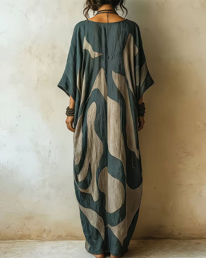 Valériane - Robe Longue et Ample avec Décolleté en V et Motif Abstrait