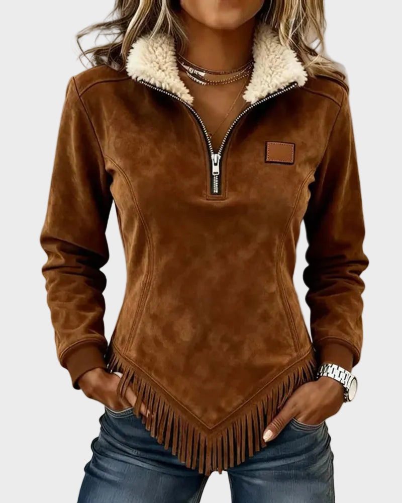 Petra – Sweat élégant pour femme avec fourrure et franges