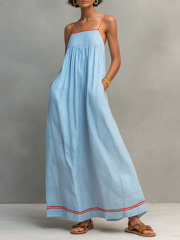 Robe Maxi Rayée Minimaliste pour Femmes avec Accents Rouges et Bretelles Spaghetti MDZ2710C3Y