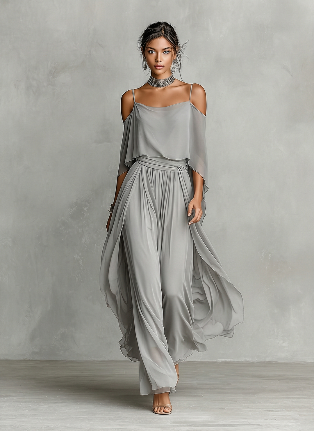 Ensemble Chiffon Respirant Grise pour Femmes avec Détail Épaule Dénudée & Silhouette Évasée, Style Féminin Luxe Contemporain MDZ2651B6I