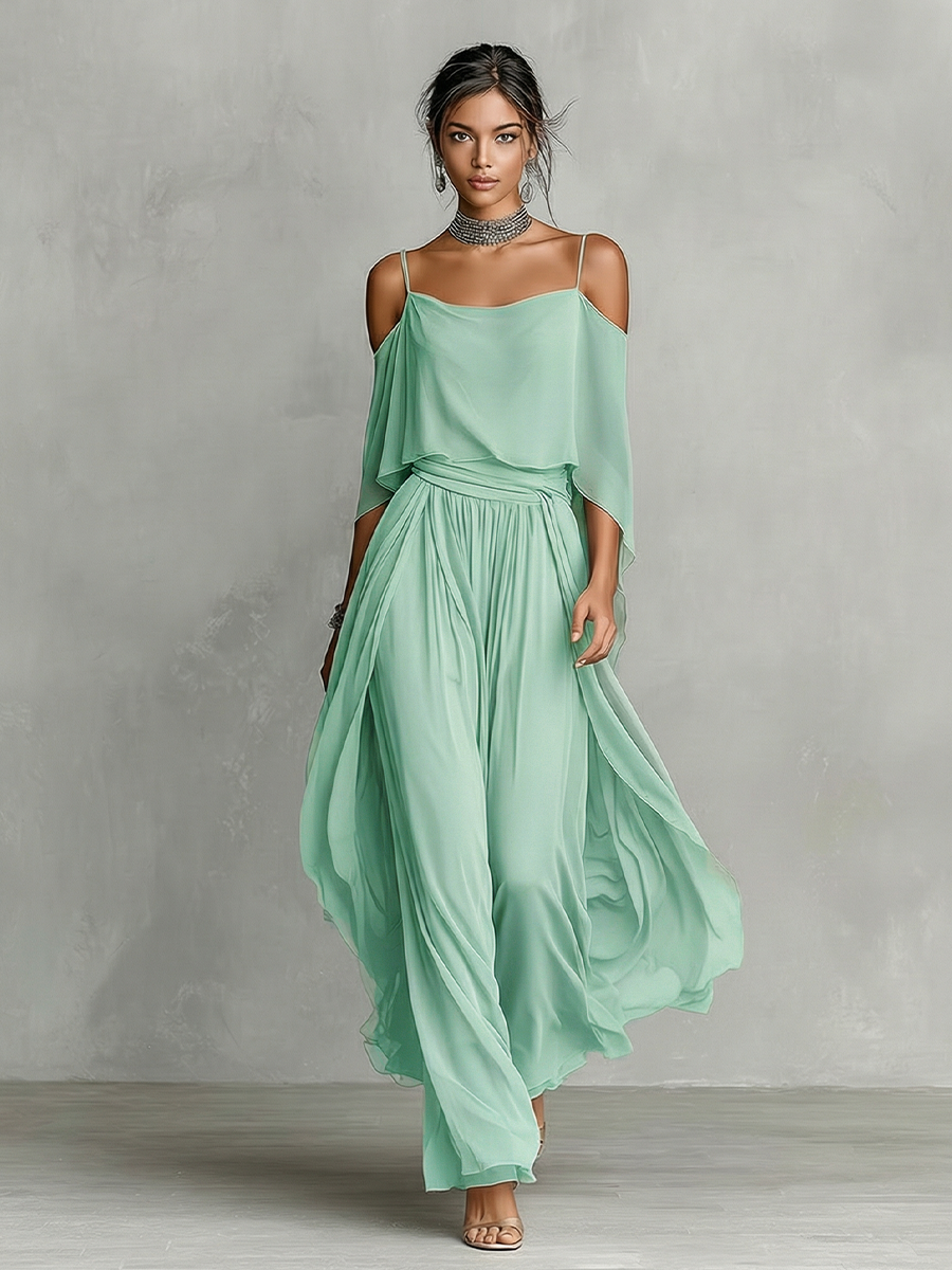 Ensemble Chiffon Respirant Grise pour Femmes avec Détail Épaule Dénudée & Silhouette Évasée, Style Féminin Luxe Contemporain MDZ2651B6I