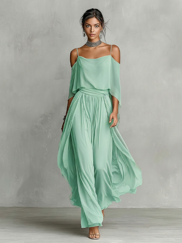 Ensemble Chiffon Respirant Grise pour Femmes avec Détail Épaule Dénudée & Silhouette Évasée, Style Féminin Luxe Contemporain MDZ2651B6I