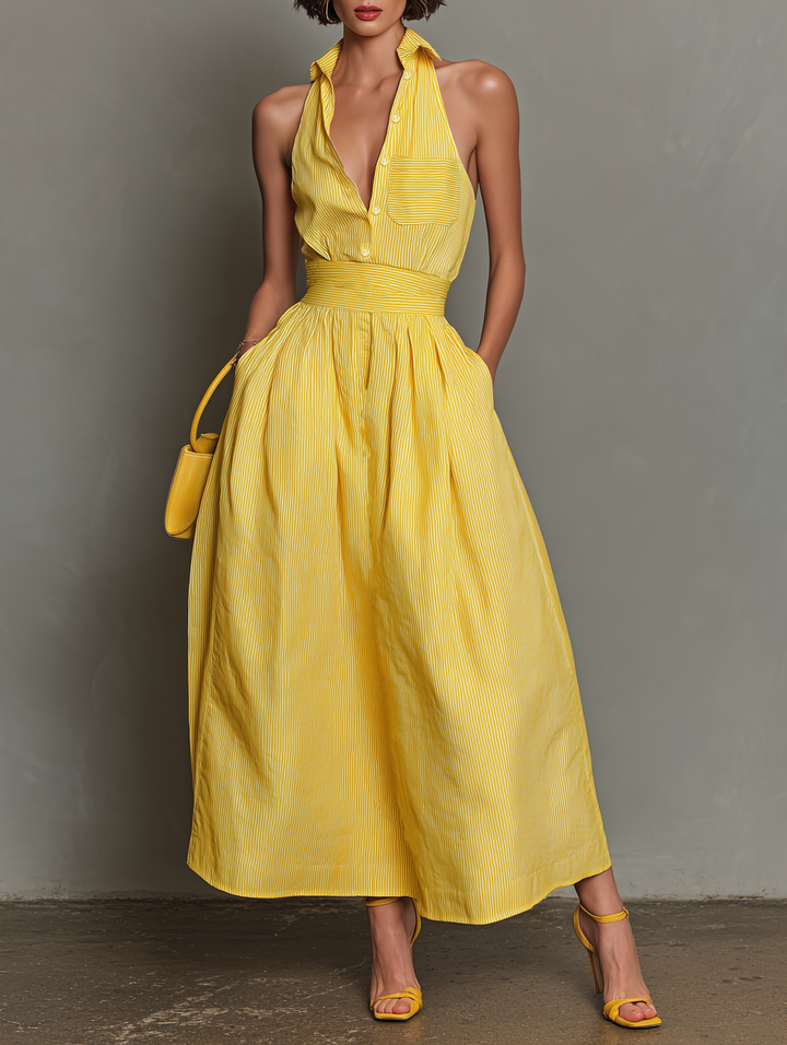 Robe Maxi Sans Manches à Col Rayé Minimaliste pour Femmes MDZ1099D5Y