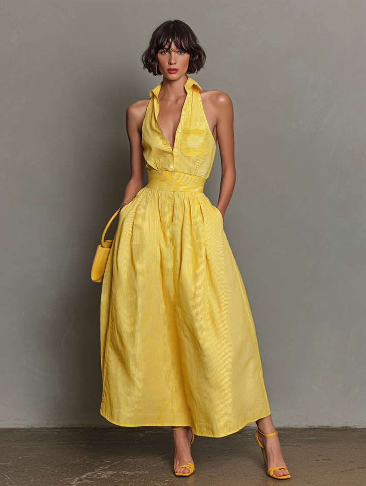 Robe Maxi Sans Manches à Col Rayé Minimaliste pour Femmes MDZ1099D5Y