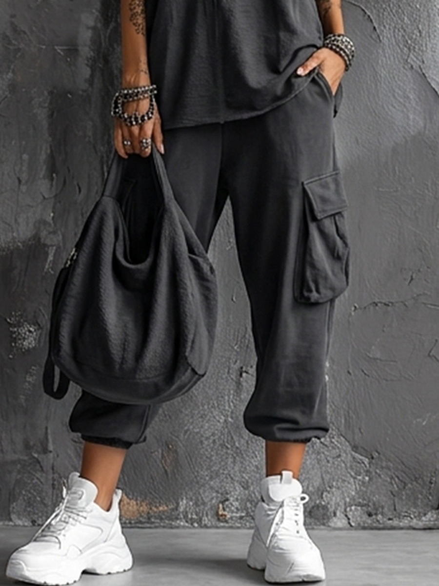 Ensemble Top Sans Manches en Mélange de Coton Gris Foncé + Pantalon Cargo Jogger pour Femmes MDZ2365D7GMJ