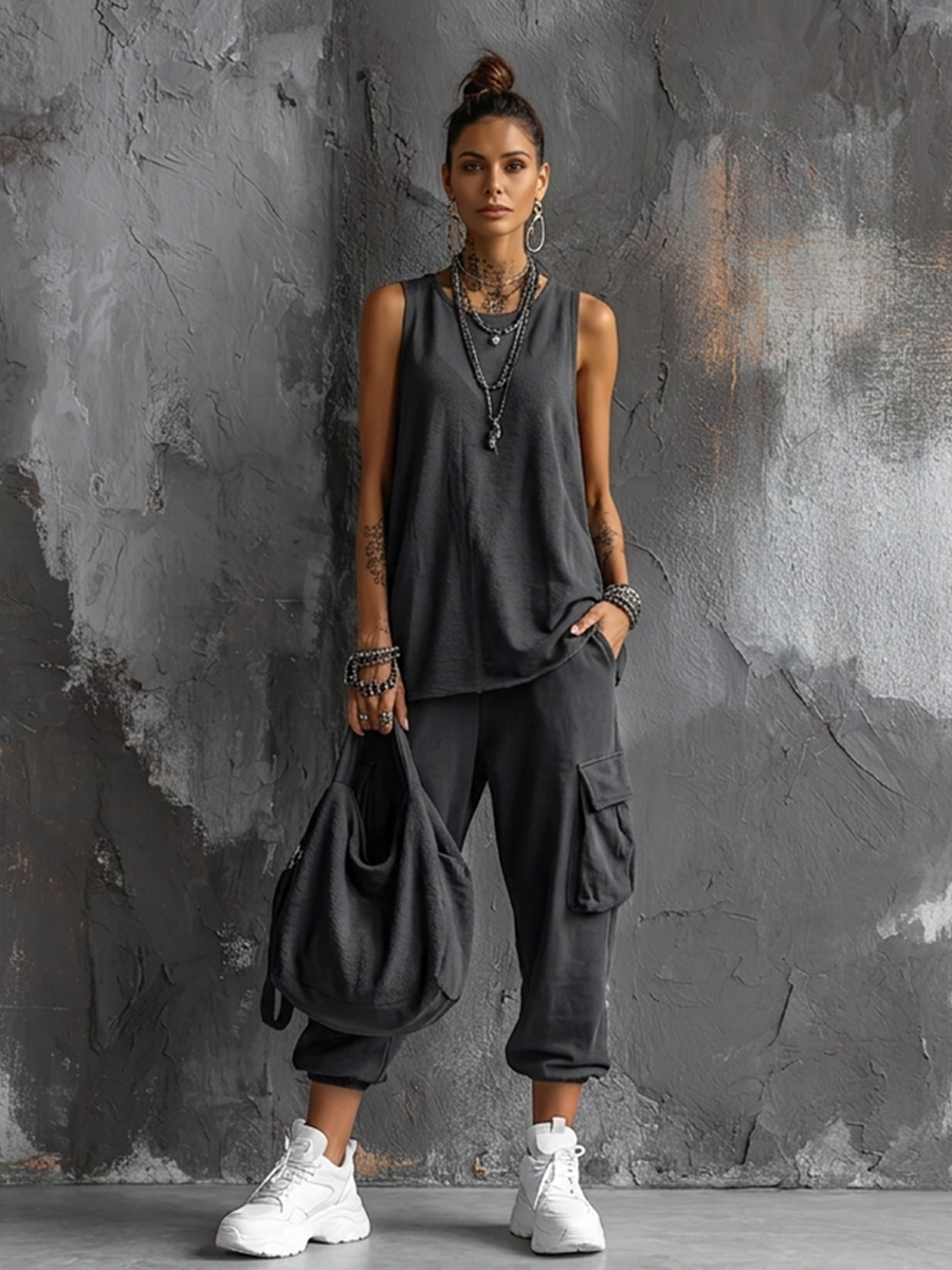 Ensemble Top Sans Manches en Mélange de Coton Gris Foncé + Pantalon Cargo Jogger pour Femmes MDZ2365D7GMJ