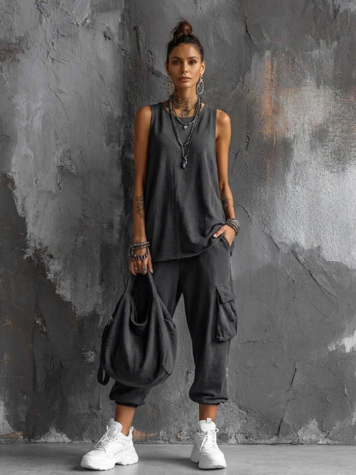 Ensemble Top Sans Manches en Mélange de Coton Gris Foncé + Pantalon Cargo Jogger pour Femmes MDZ2365D7GMJ