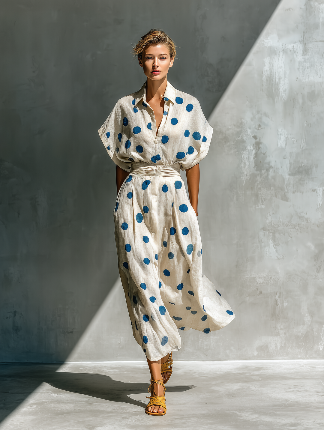 Robe Chemise à Pois en Mélange de Lin Blanc Cassé avec Ceinture et Poches pour Femmes MDZ2481D3T