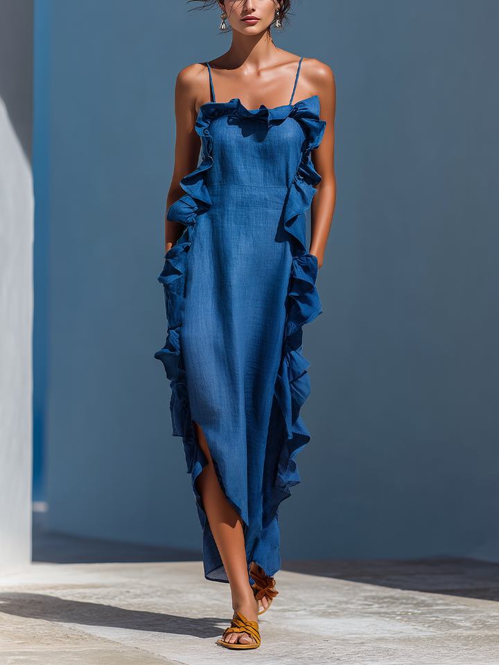 Robe Maxi à Bretelles Spaghetti en Mélange de Lin Bleu avec Volants pour Femmes MDZ2407D1T