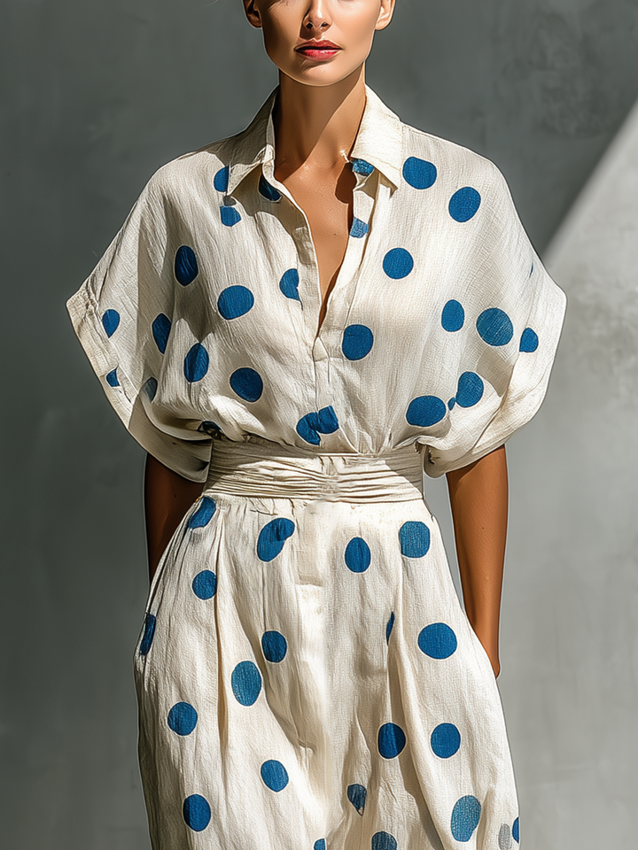 Robe Chemise à Pois en Mélange de Lin Blanc Cassé avec Ceinture et Poches pour Femmes MDZ2481D3T