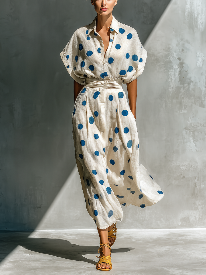 Robe Chemise à Pois en Mélange de Lin Blanc Cassé avec Ceinture et Poches pour Femmes MDZ2481D3T