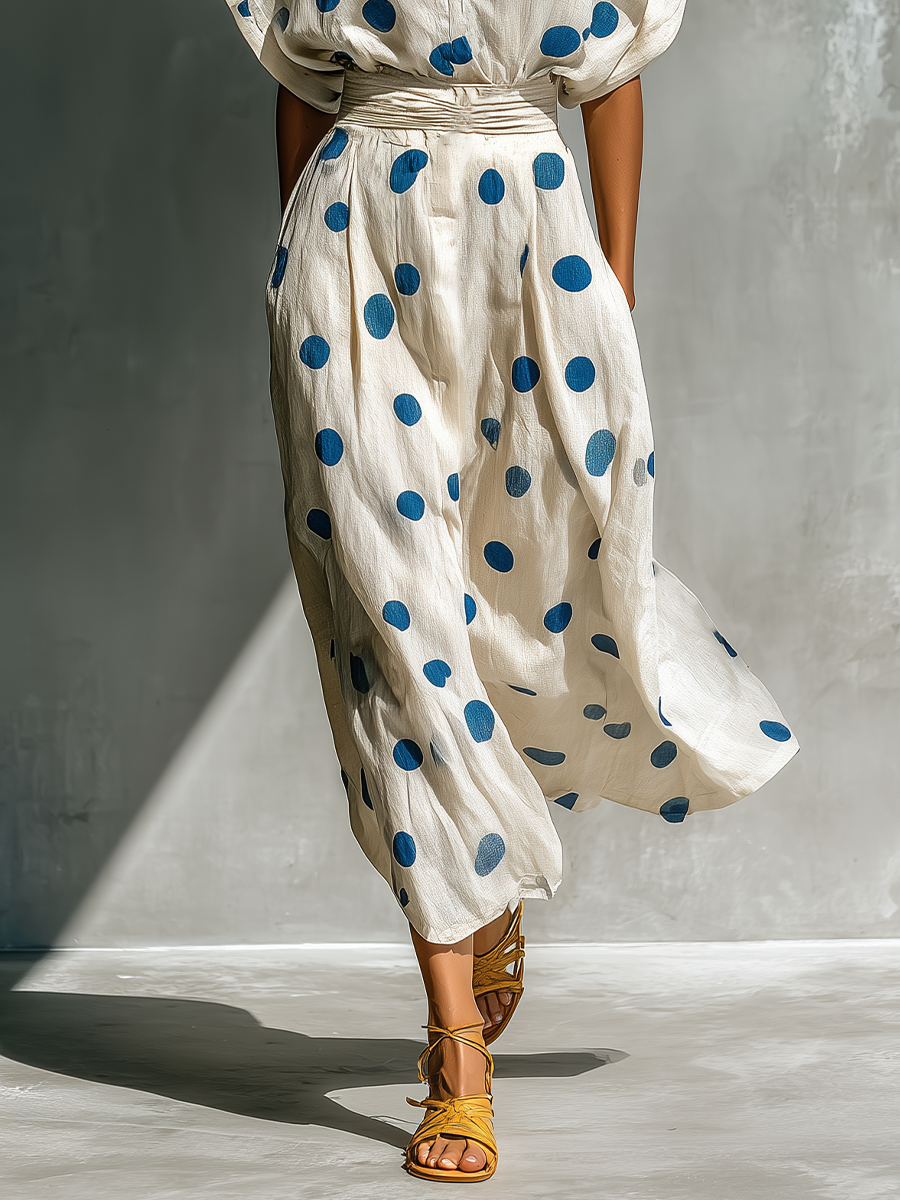 Robe Chemise à Pois en Mélange de Lin Blanc Cassé avec Ceinture et Poches pour Femmes MDZ2481D3T