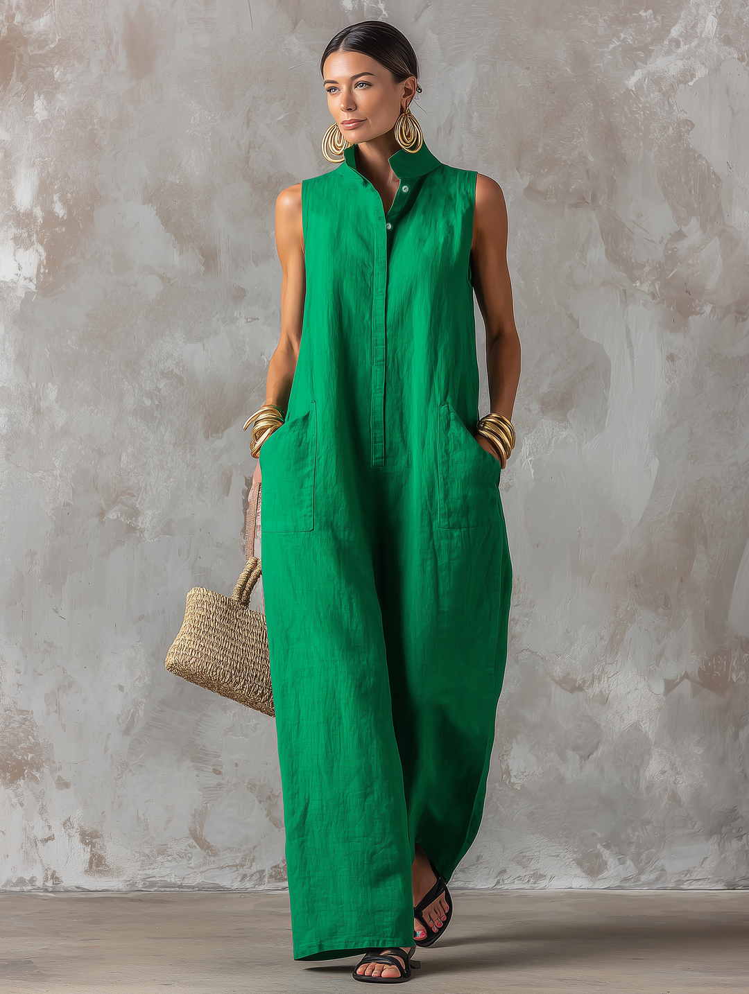 Salopette Minimaliste Femme en Lin Mélangé — Col Montant, Sans Manches, Bouton Unique MDZ2928D6Y