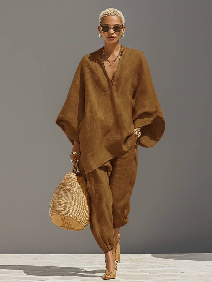 Ensemble en Lin Neutre pour Femmes avec Ourlet Asymétrique & Design Minimaliste, Ensemble de Style Décontracté Raffiné MDZ0501B3I