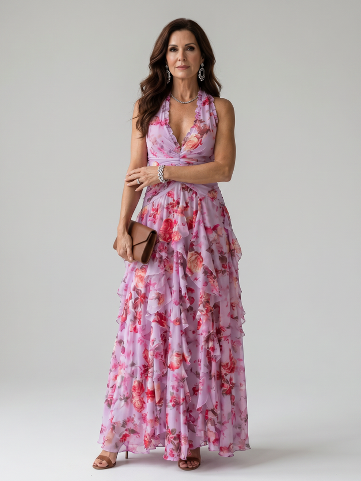 Nori | Robe Maxi à Encolure Halter et Corsage Froncé Floral