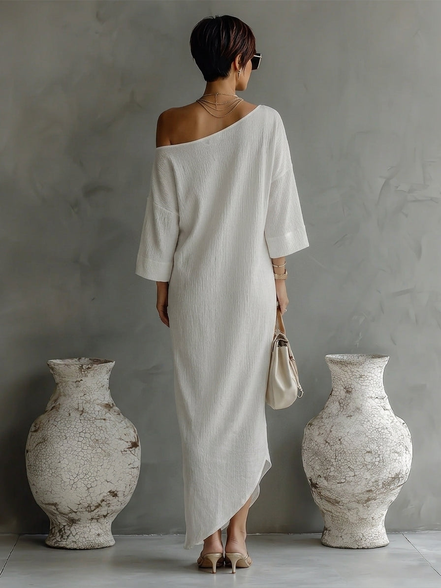 Robe Élégante Fluide à Épaule Dénudée en Mélange Coton-Lin Ivoire Blanc MDA3032K4T