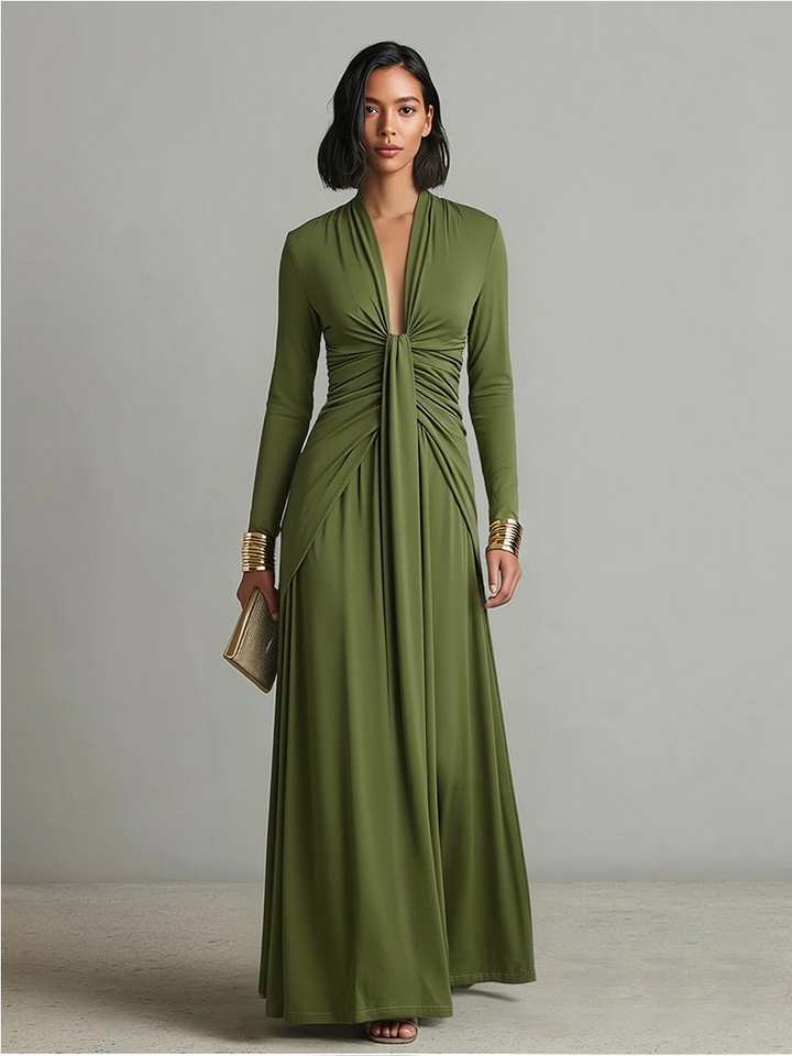 Robe Maxi en Soie Olive à Décolleté en V