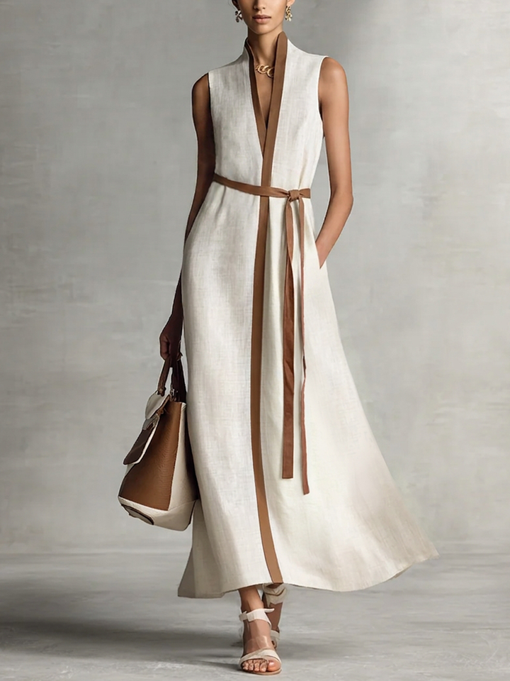 Robe Maxi en Coton Lin à Bretelles Sans Manches pour Femmes MDZ1153B7BA