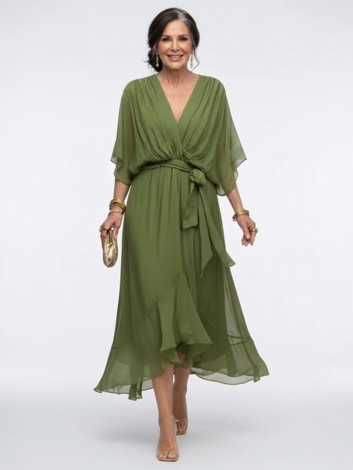 Elysia | Robe midi drapée avec décolleté en V et ceinture à la taille