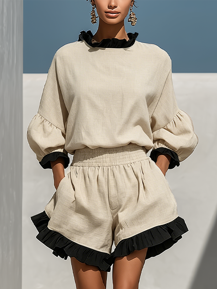 Blouse à Manches Longues en Mélange de Lin Beige pour Femmes avec Détails de Volant Contrastants & Short Taille Haute à Volants Ensemble de Deux Pièces MDZ1018D0T