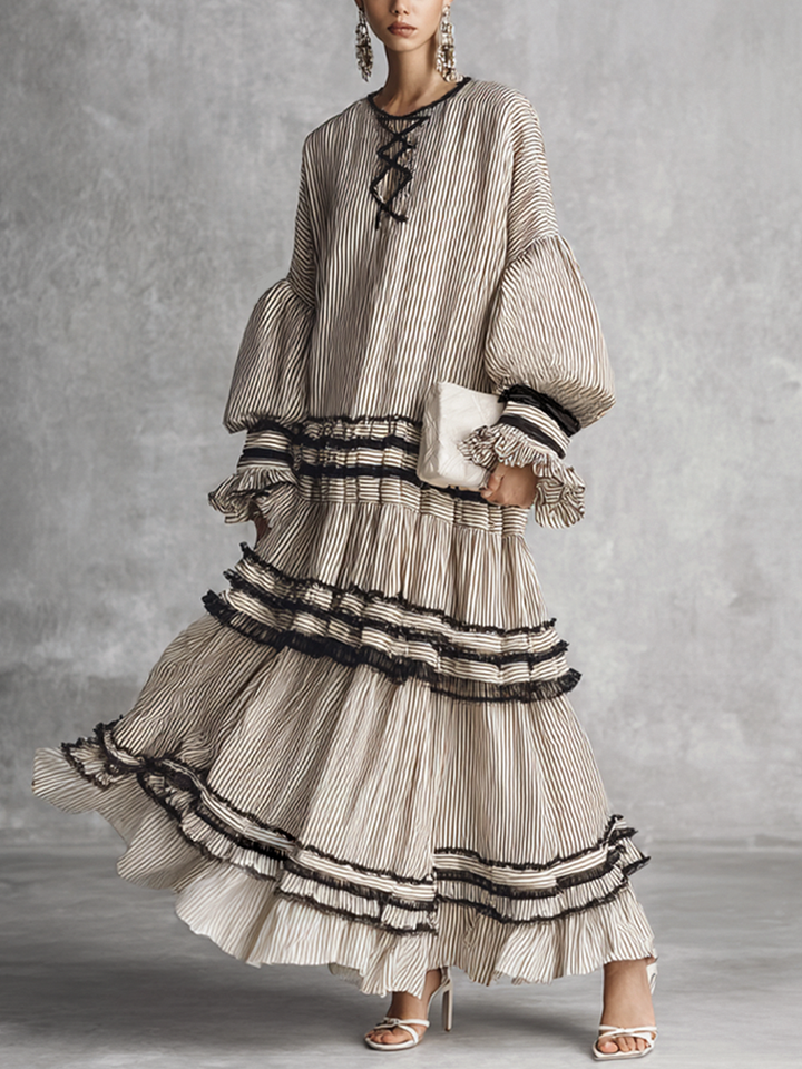 Robe Maxi à Manches Longues en Mélange de Coton à Volants Rayée Boho pour Femmes MDZ1426B2BA
