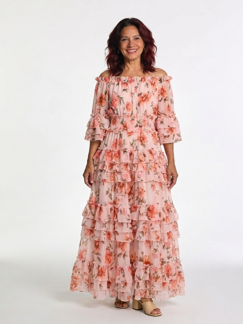 Rosalie | Robe Maxi à Volants Florale à Épaules Dégagées