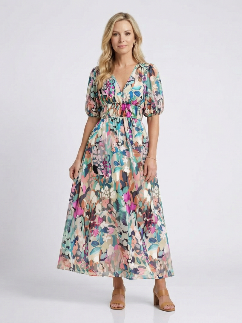 Eulalie | Robe midi à col en V et manches courtes froncées à la taille