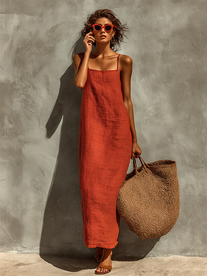 Robe Rouge en Coton pour Femmes avec Bretelles Spaghetti & Décolleté Carré, Robe de Style Boho-Resort Intemporelle MDZ0924C3I