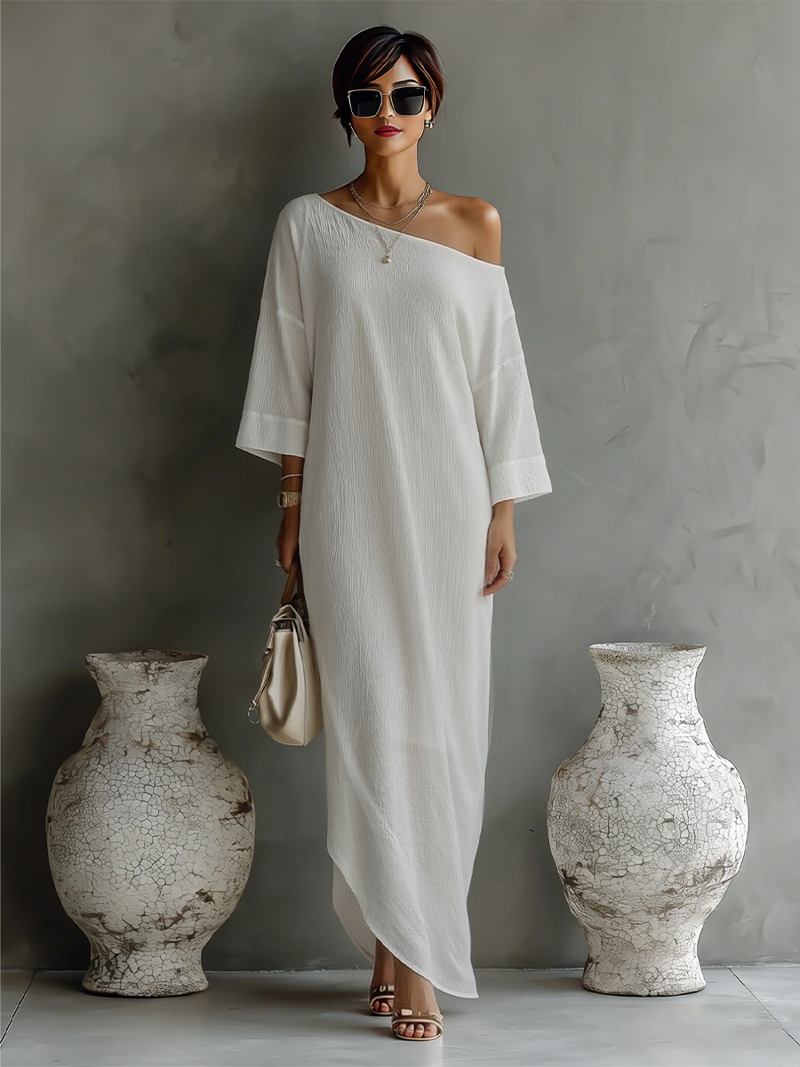 Robe Élégante Fluide à Épaule Dénudée en Mélange Coton-Lin Ivoire Blanc MDA3032K4T