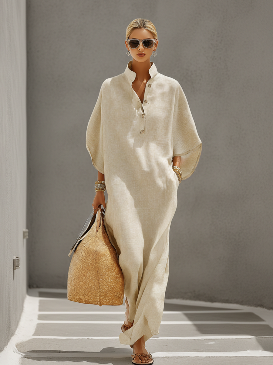 Robe en Lin Avoine pour Femmes avec Col Mandarin & Manches Dolman, Robe de Style Resort-Casual Intemporelle MDZ0552B1I