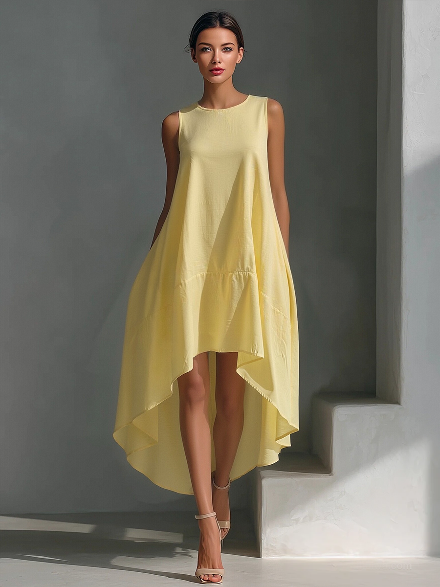 Robe Midi Sans Manches en Lin Blanc pour Femmes avec Col Ronde & Ourlet Asymétrique MDZ0987B9T