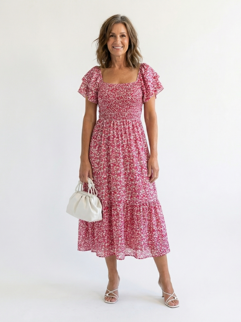 Odette | Robe Midi Smockée à Épaules Dénudées