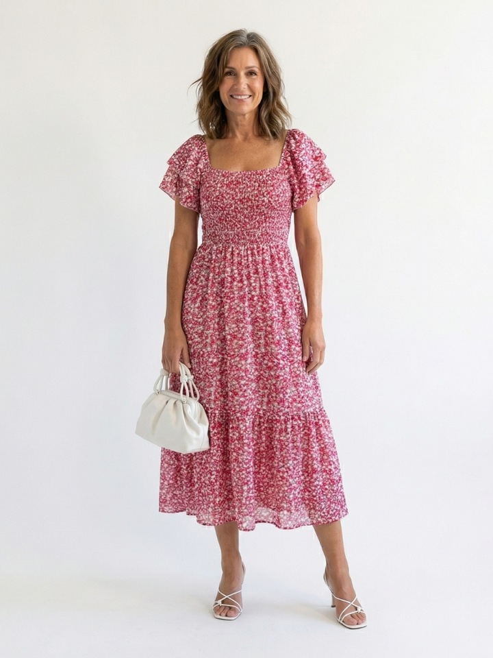 Odette | Robe Midi Smockée à Épaules Dénudées