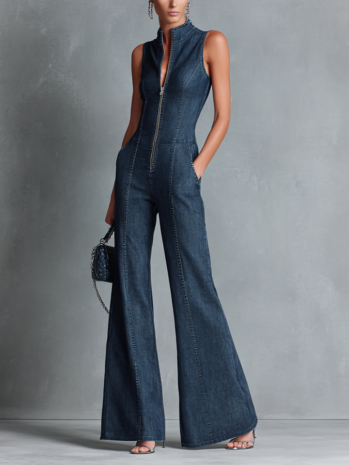 Dames Style Rétro Jean Denim Bleu Foncé Sans Manches Col Montant Pantalon Évasé Combinaison Avec Fermeture Éclair MDZ1239B2BA