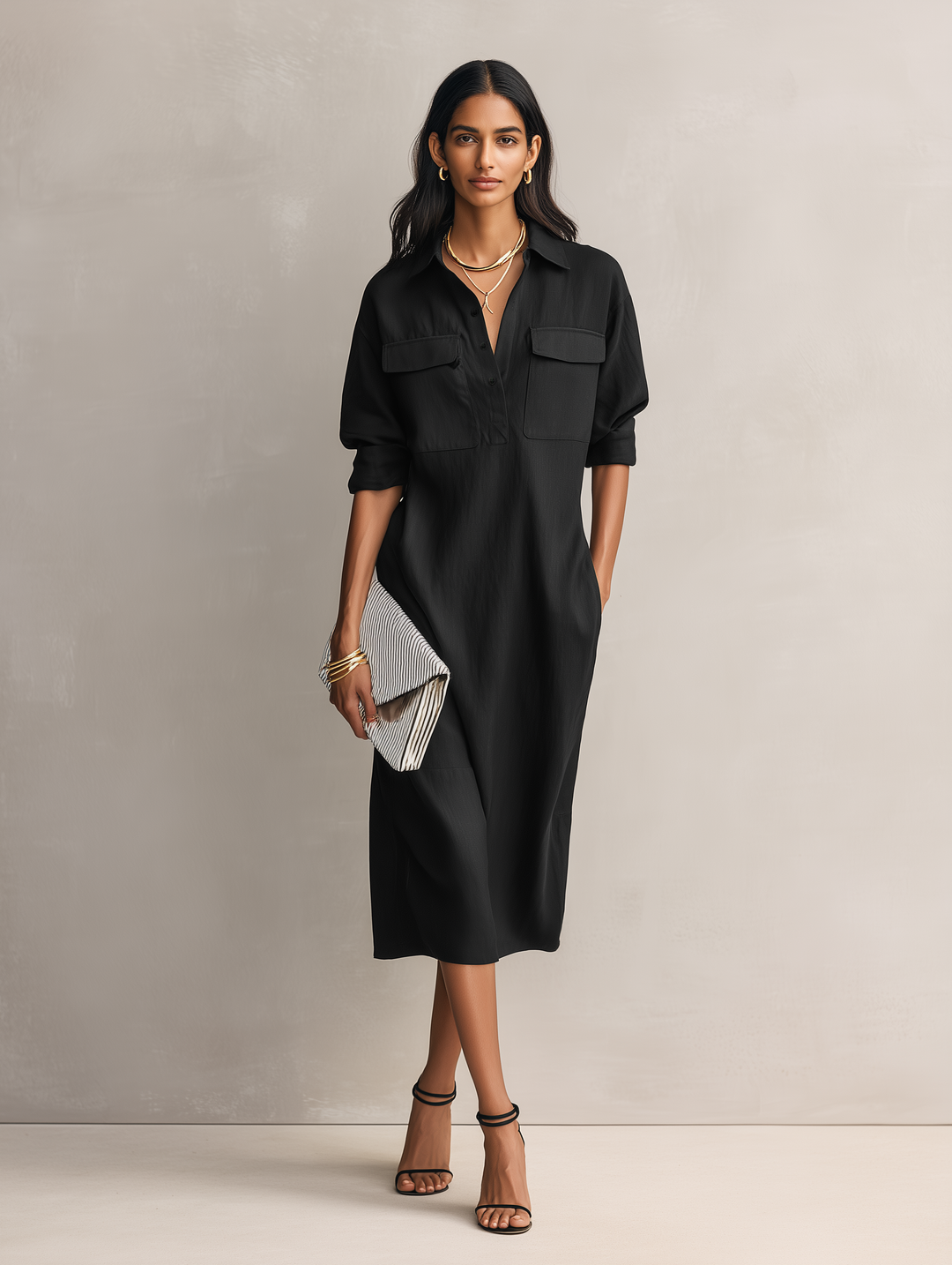 Robe Midi Élégante Femme en Mélange Coton-Lin Noir à Col Chemise à Manches Courtes MDZ0455C2AN